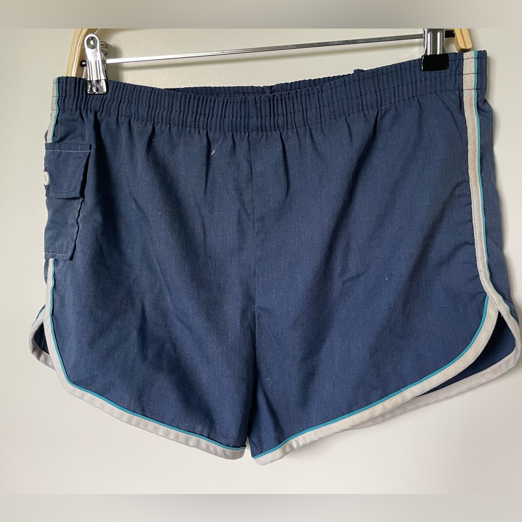 Vintage Navy Track Shorts With White And Teal Trim